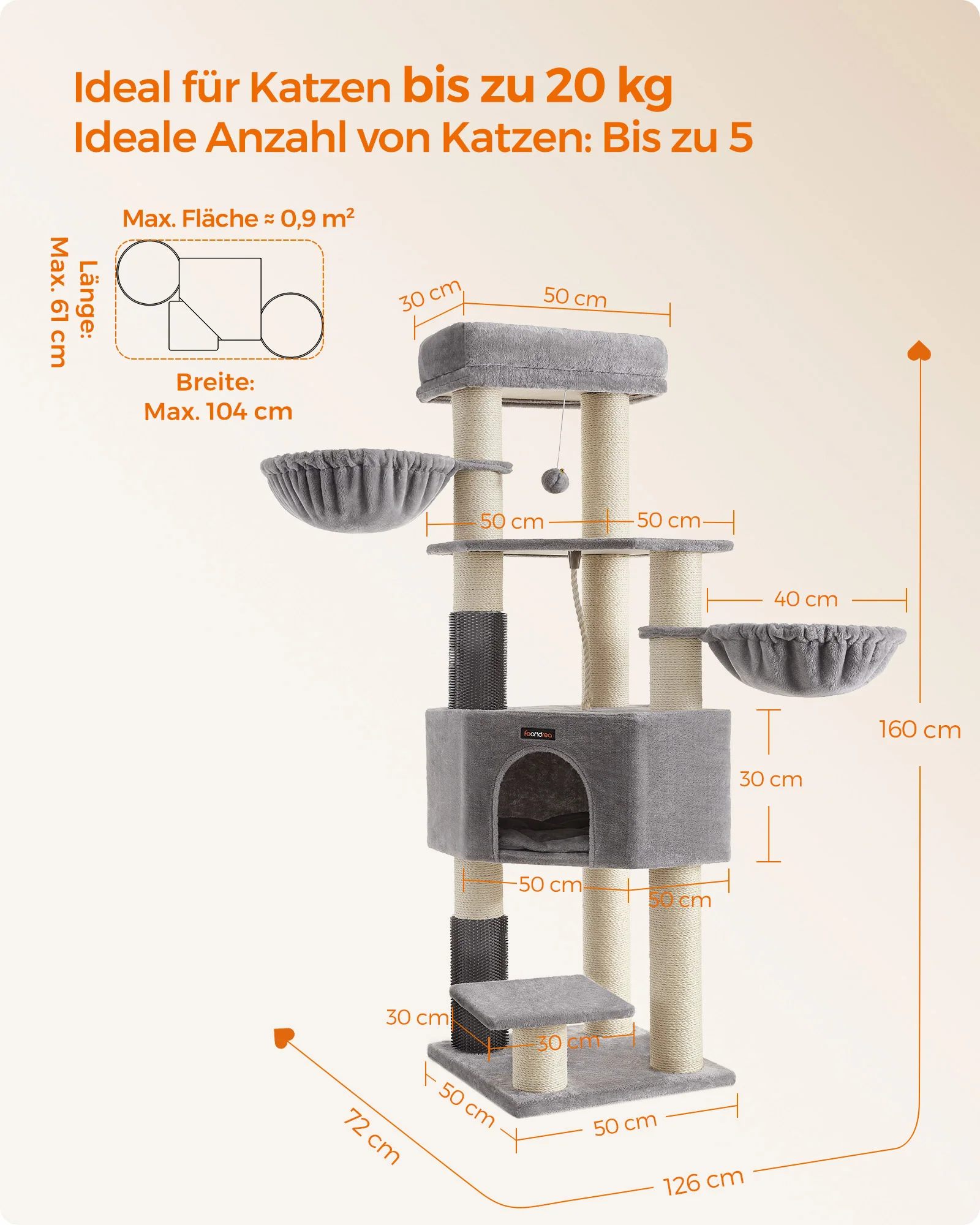 Krabpalen – Zelfverwarmende dekens – Voor grote katten – 2 kattenborstels – 9 palen Ø 11,1 cm – Grote platforms – Holletje – 50 x 50 x 160 cm – Max. belasting 105 kg – Geschikt voor tot 5 katten - Image 5