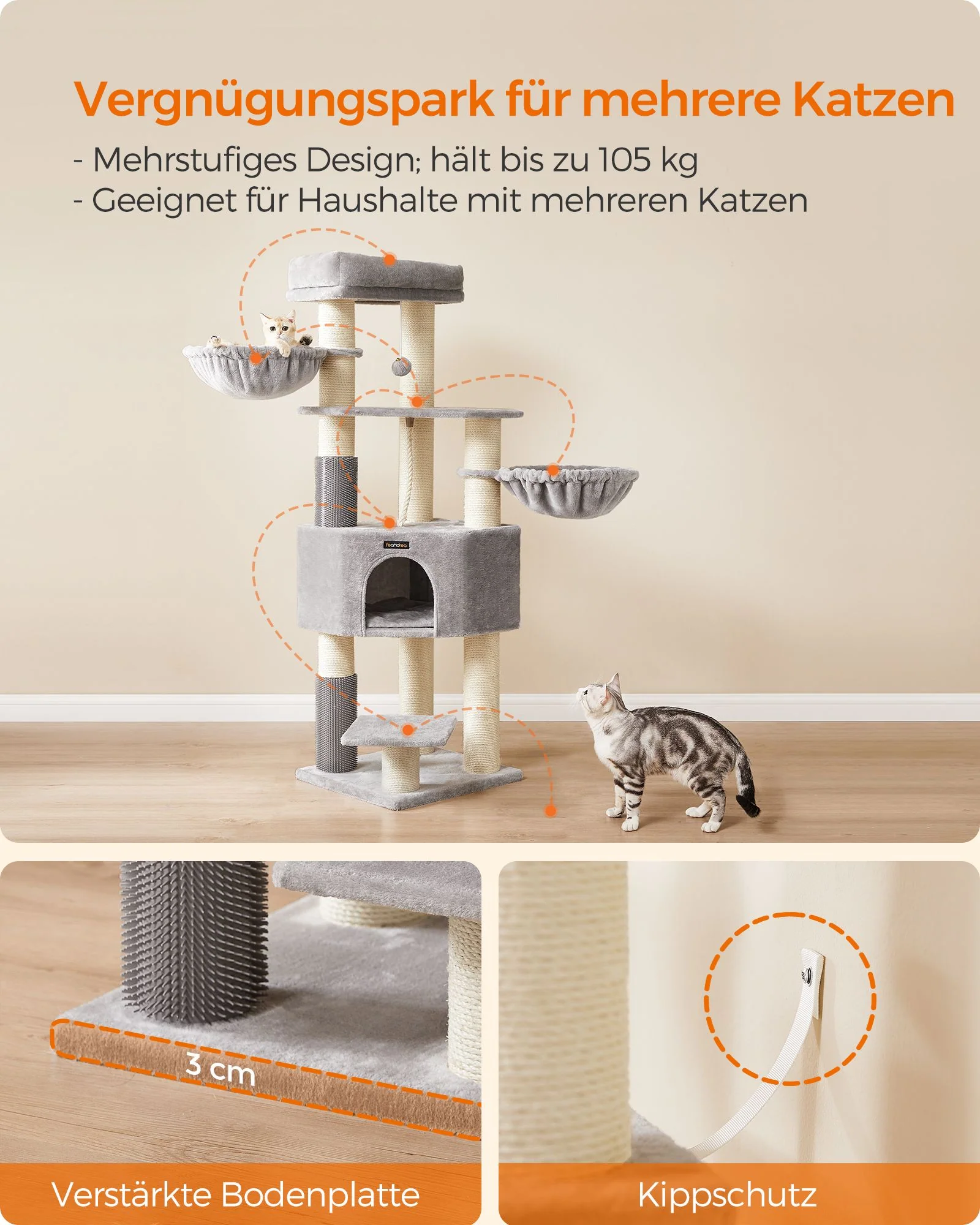 Krabpalen – Zelfverwarmende dekens – Voor grote katten – 2 kattenborstels – 9 palen Ø 11,1 cm – Grote platforms – Holletje – 50 x 50 x 160 cm – Max. belasting 105 kg – Geschikt voor tot 5 katten - Image 6