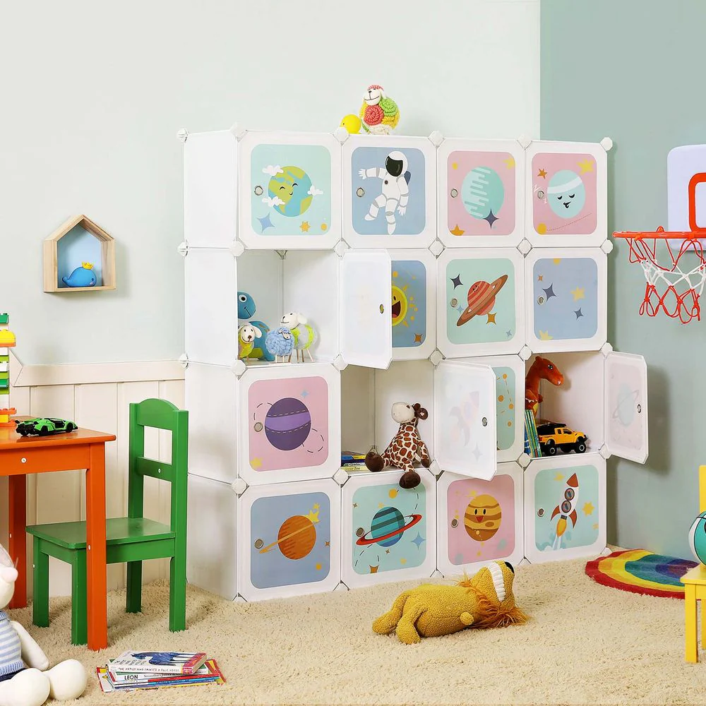 Kubusplank met Ruimtemotief – Kinderkast met 16 Vakken – Inclusief Deuren, Hamer en Kantelbeveiliging – 123 x 123 cm - Image 3
