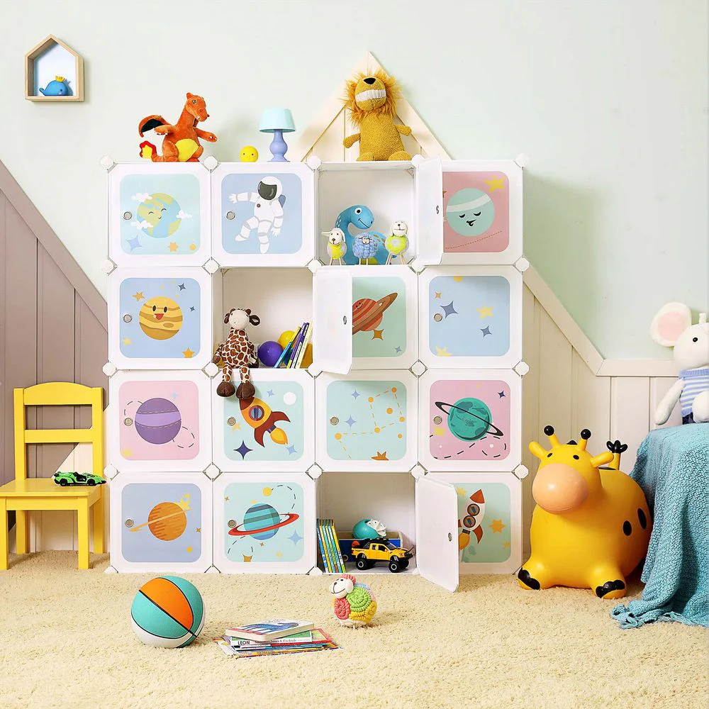 Kubusplank met Ruimtemotief – Kinderkast met 16 Vakken – Inclusief Deuren, Hamer en Kantelbeveiliging – 123 x 123 cm - Image 4