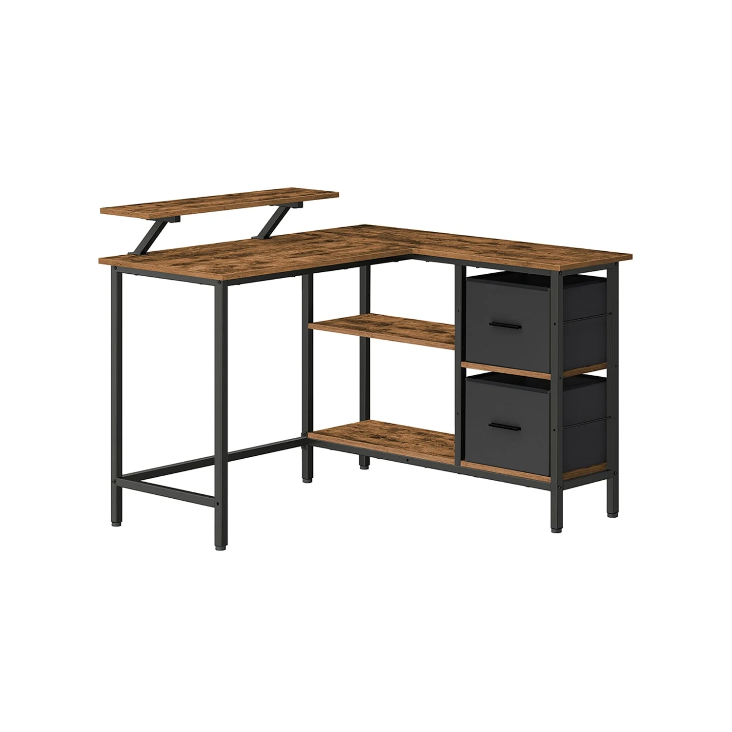 L-Vormig Bureau met Monitorstandaard – Hoekbureau met 2 Lades en Verstelbare Plank – 135 x 105 x 89,5 cm