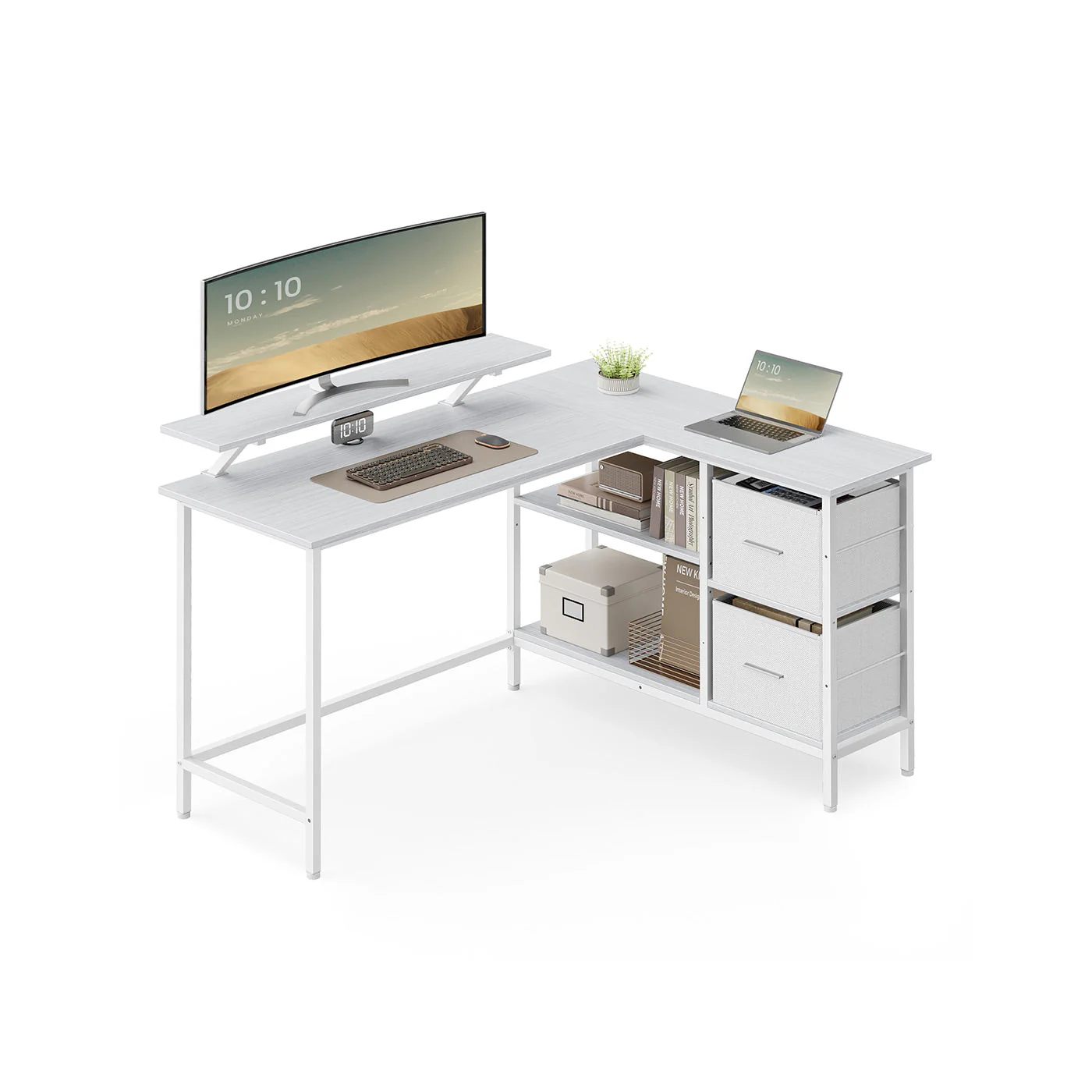 L-Vormig Bureau met Monitorstandaard – Hoekbureau met 2 Lades en Verstelbare Plank – 135 x 105 x 89,5 cm - Image 3