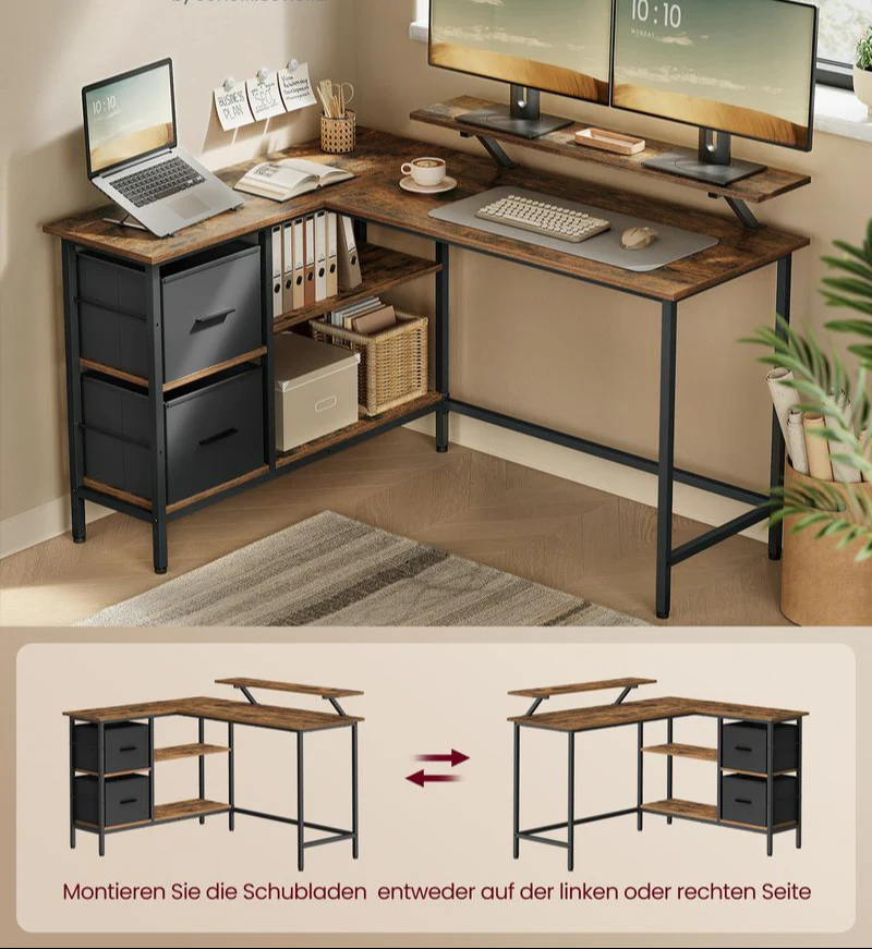 L-Vormig Bureau met Monitorstandaard – Hoekbureau met 2 Lades en Verstelbare Plank – 135 x 105 x 89,5 cm - Image 4