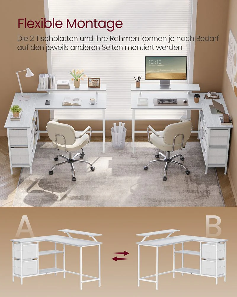 L-Vormig Bureau met Monitorstandaard – Hoekbureau met 2 Lades en Verstelbare Plank – 135 x 105 x 89,5 cm - Image 5