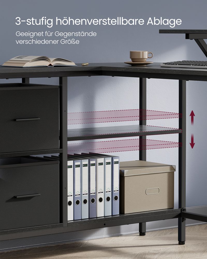 L-Vormig Bureau met Monitorstandaard – Hoekbureau met 2 Lades en Verstelbare Plank – 135 x 105 x 89,5 cm - Image 6