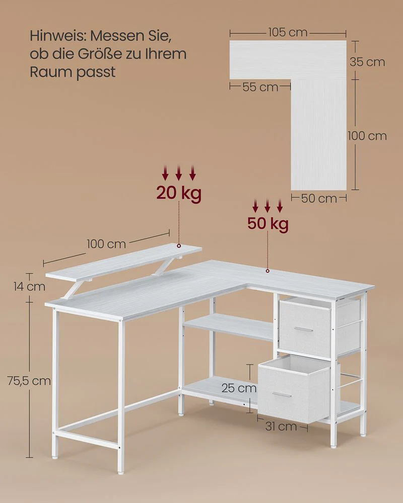 L-Vormig Bureau met Monitorstandaard – Hoekbureau met 2 Lades en Verstelbare Plank – 135 x 105 x 89,5 cm - Image 8
