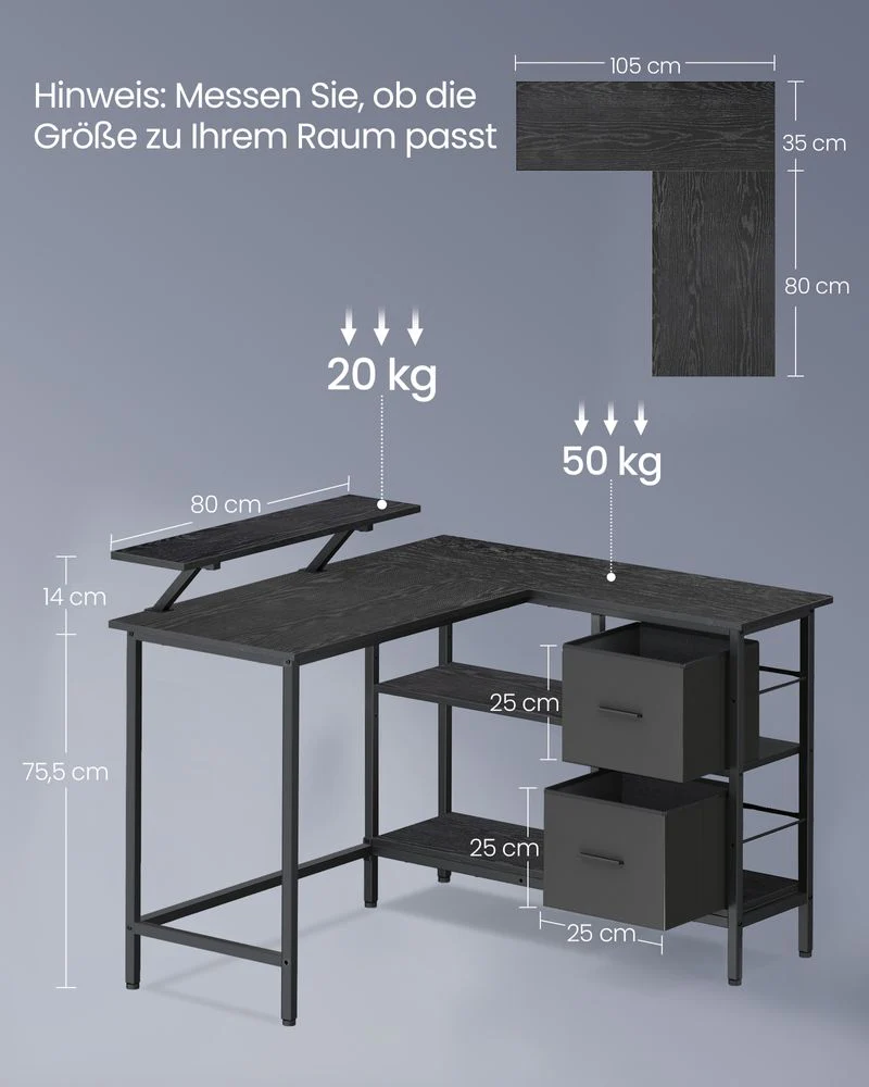 L-Vormig Bureau met Monitorstandaard – Hoekbureau met 2 Lades en Verstelbare Plank – 135 x 105 x 89,5 cm - Image 9