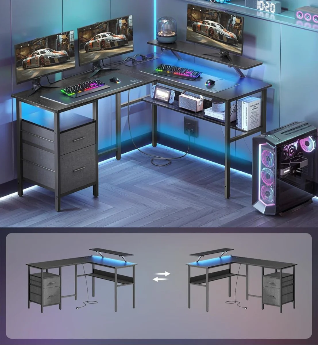 L-vormig Hoekbureau met LED-Verlichting & Stopcontacten - USB-Poorten - Gamebureau - Image 4