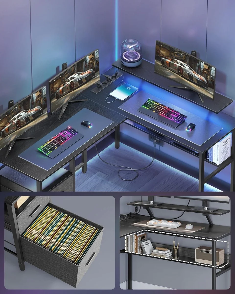 L-vormig Hoekbureau met LED-Verlichting & Stopcontacten - USB-Poorten - Gamebureau - Image 8