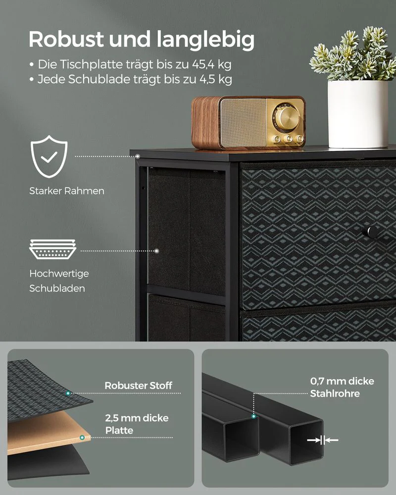 Ladekast Zwart-Wit – Opbergkast met 5 Stoffen Lades – Geometrisch Design – Metalen Frame – 99 cm Hoog – Tot 63,5 kg Draagvermogen - Image 4