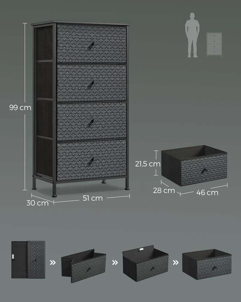 Ladekast Zwart-Wit – Opbergkast met 5 Stoffen Lades – Geometrisch Design – Metalen Frame – 99 cm Hoog – Tot 63,5 kg Draagvermogen - Image 5
