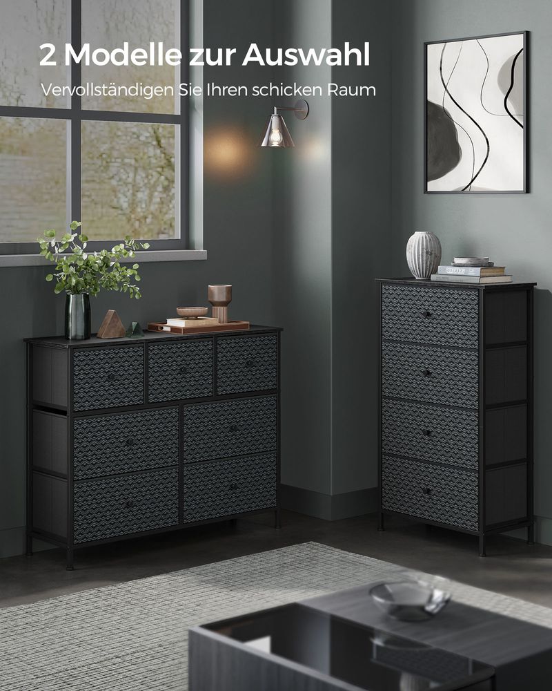 Ladekast Zwart-Wit – Opbergkast met 5 Stoffen Lades – Geometrisch Design – Metalen Frame – 99 cm Hoog – Tot 63,5 kg Draagvermogen - Image 6