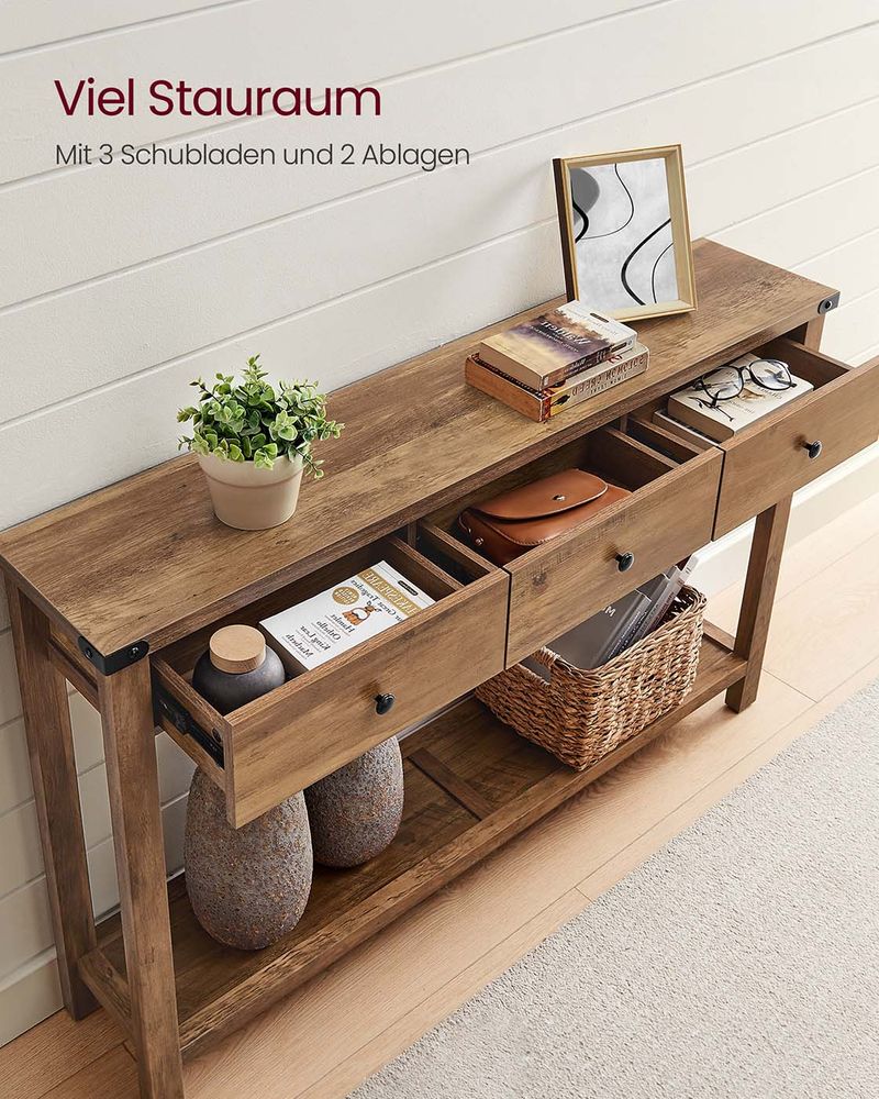 Landelijke Wandtafel – Met 3 Lades en Open Legplank – Massief Hout – Rustieke Stijl – Honingbruin - Image 3