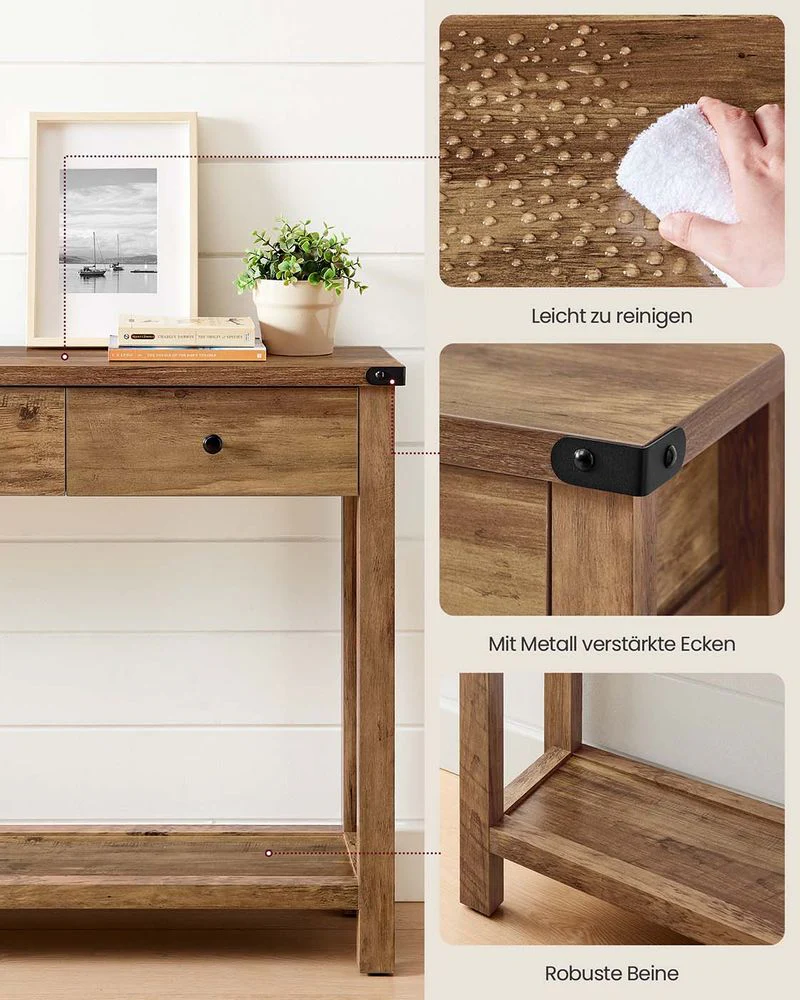 Landelijke Wandtafel – Met 3 Lades en Open Legplank – Massief Hout – Rustieke Stijl – Honingbruin - Image 4