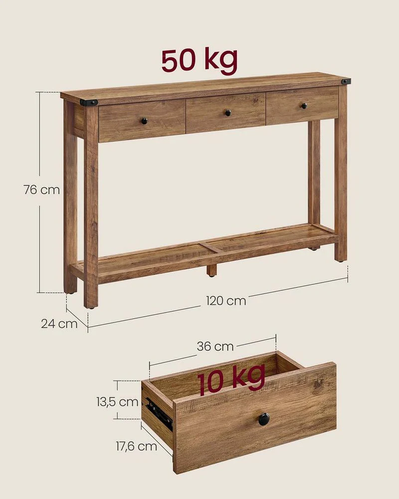Landelijke Wandtafel – Met 3 Lades en Open Legplank – Massief Hout – Rustieke Stijl – Honingbruin - Image 5