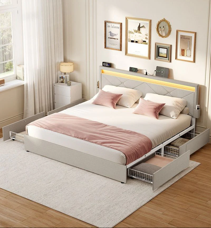Luxe LED Boxspring Met USB-A & USB-C – Opbergladen – Verstelbaar Hoofdbord – Cappuccinobeige – Stabiel En Functioneel Design - Image 3