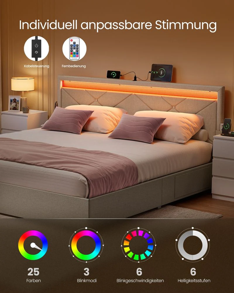 Luxe LED Boxspring Met USB-A & USB-C – Opbergladen – Verstelbaar Hoofdbord – Cappuccinobeige – Stabiel En Functioneel Design - Image 4