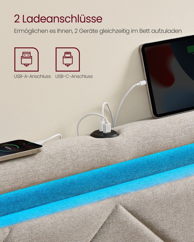 Luxe LED Boxspring Met USB-A & USB-C – Opbergladen – Verstelbaar Hoofdbord – Cappuccinobeige – Stabiel En Functioneel Design - Image 5