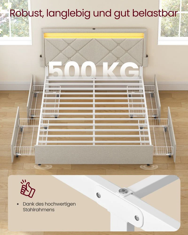 Luxe LED Boxspring Met USB-A & USB-C – Opbergladen – Verstelbaar Hoofdbord – Cappuccinobeige – Stabiel En Functioneel Design - Image 6