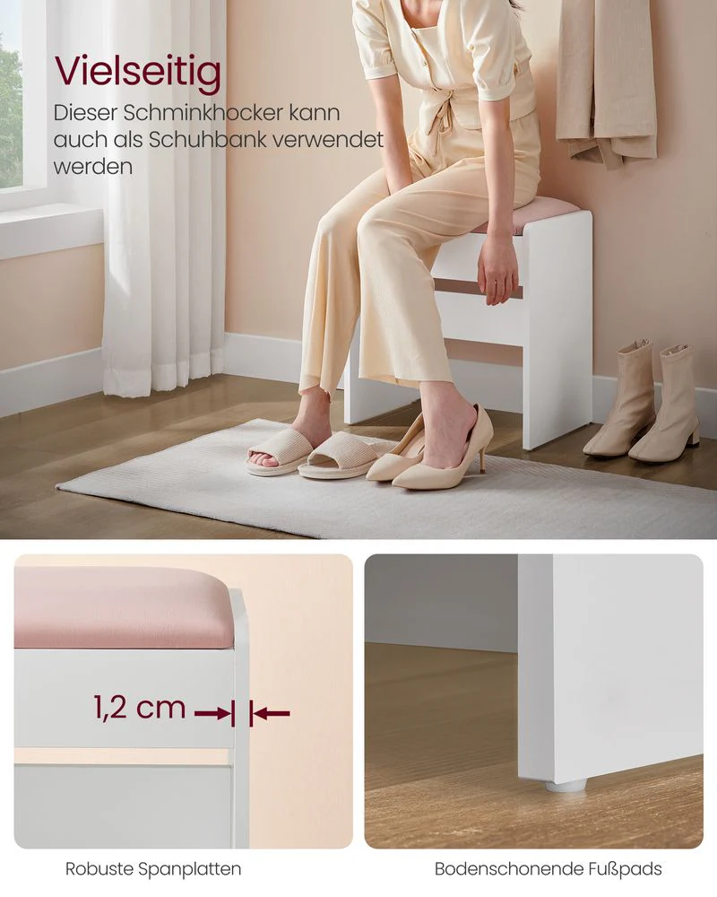 Make-up Kruk – Velvet Zitting – Draagkracht 120 kg – Witte Houten Poef met Roze Bekleding - Image 3