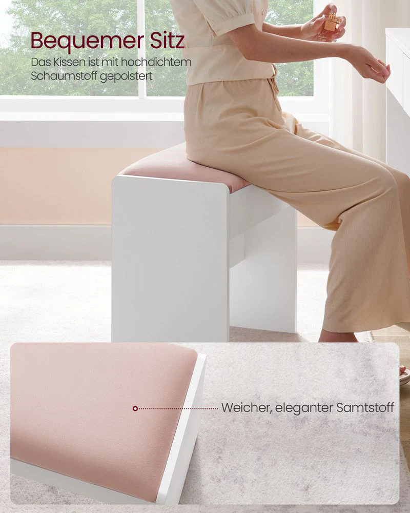 Make-up Kruk – Velvet Zitting – Draagkracht 120 kg – Witte Houten Poef met Roze Bekleding - Image 4