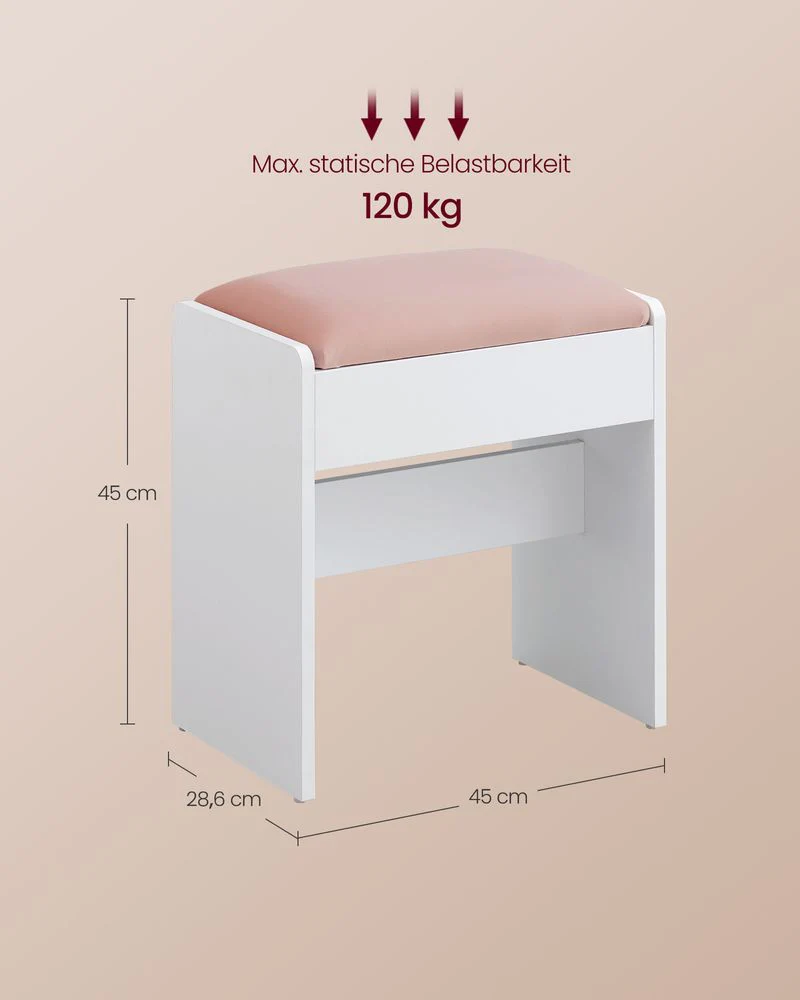 Make-up Kruk – Velvet Zitting – Draagkracht 120 kg – Witte Houten Poef met Roze Bekleding - Image 5