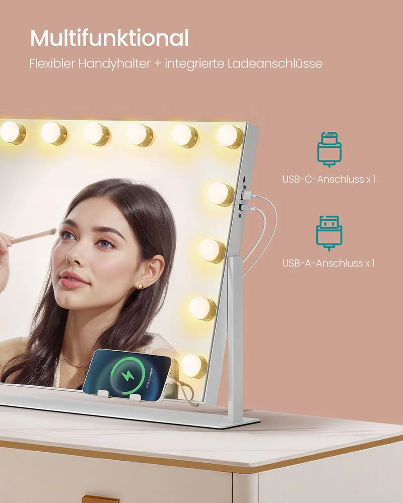 Make-up Spiegel met LED Verlichting – 3 Lichtkleuren – 360° Draaibaar – USB-A & USB-C – 10x Vergroting - Image 6