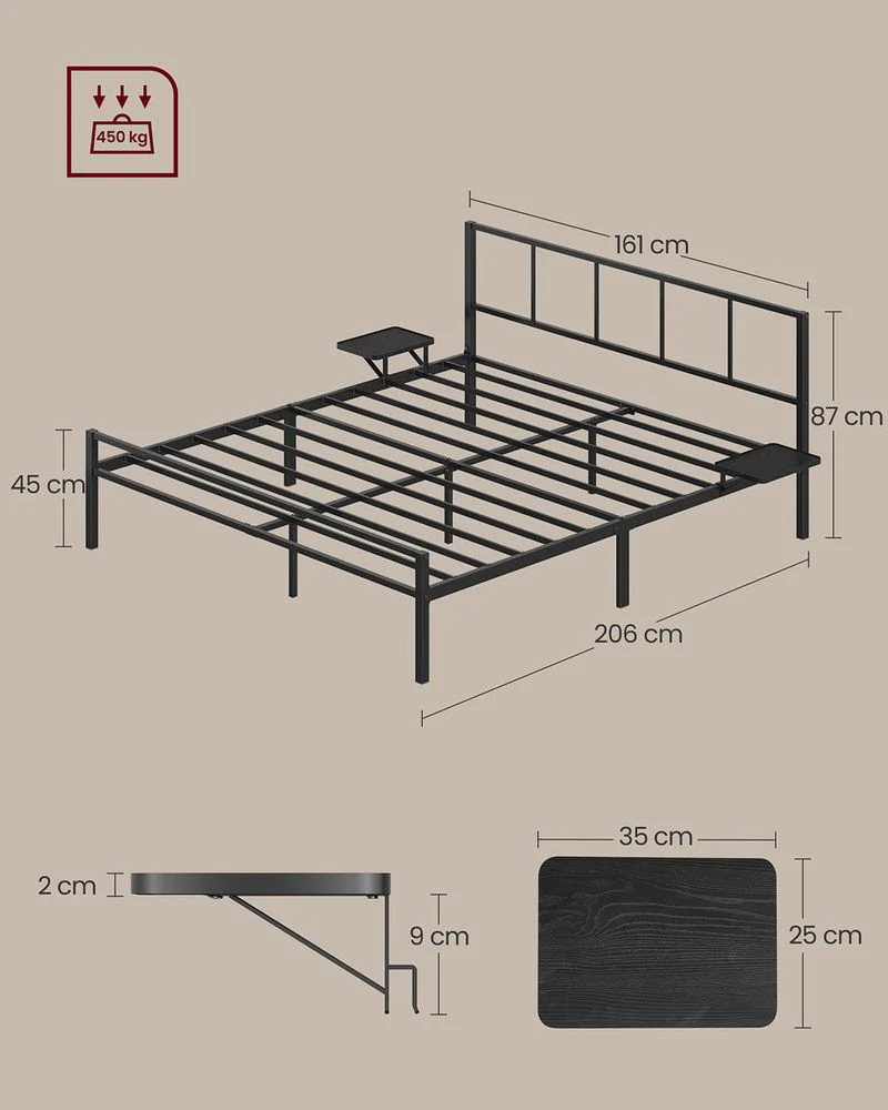 Metalen Bedframe 160x200 cm – Matzwart – Met 2 Opbergplanken – Tot 450 kg Draagvermogen - Image 6