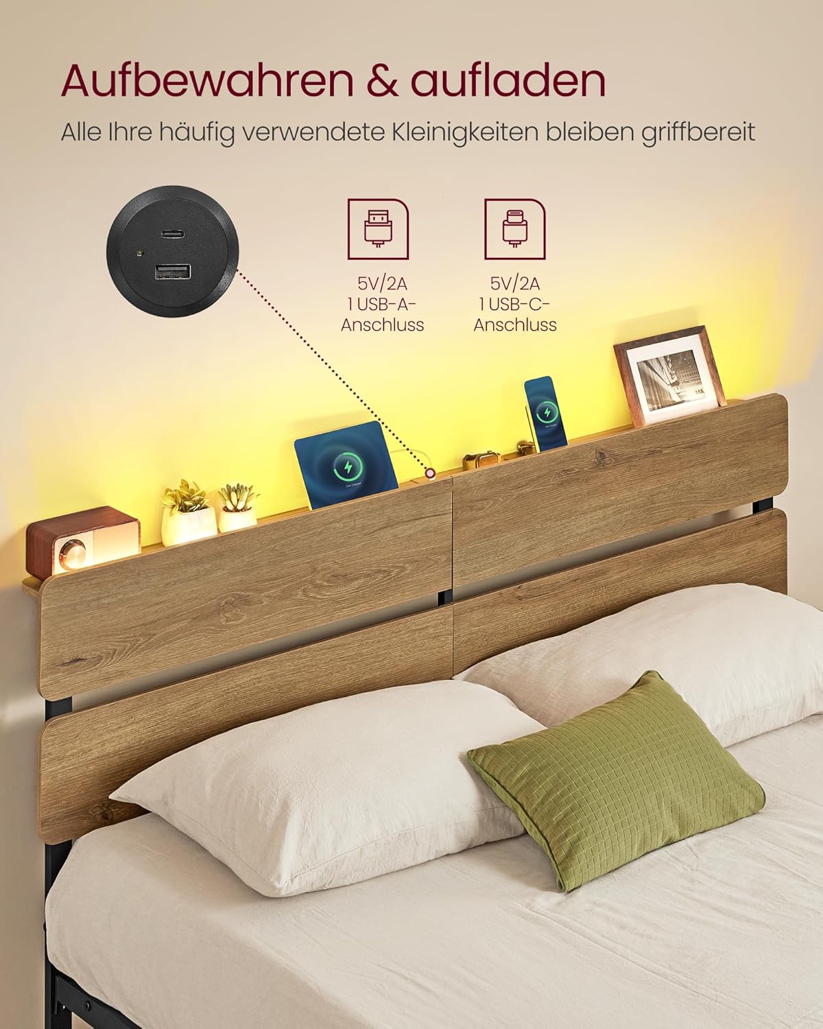 Metalen Bedframe Met LED-Verlichting En Oplaadstation – Industrieel Design – USB-A En USB-C – Met Opbergruimte Onder Het Bed - Image 6