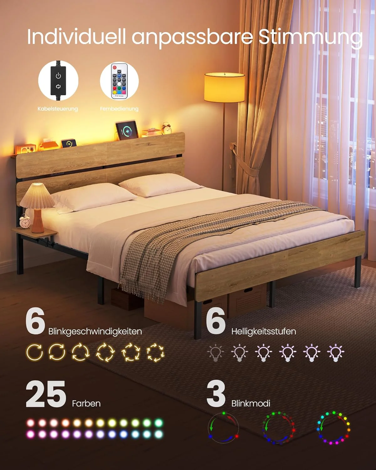 Metalen Bedframe Met LED-Verlichting En Oplaadstation – Industrieel Design – USB-A En USB-C – Met Opbergruimte Onder Het Bed - Image 8