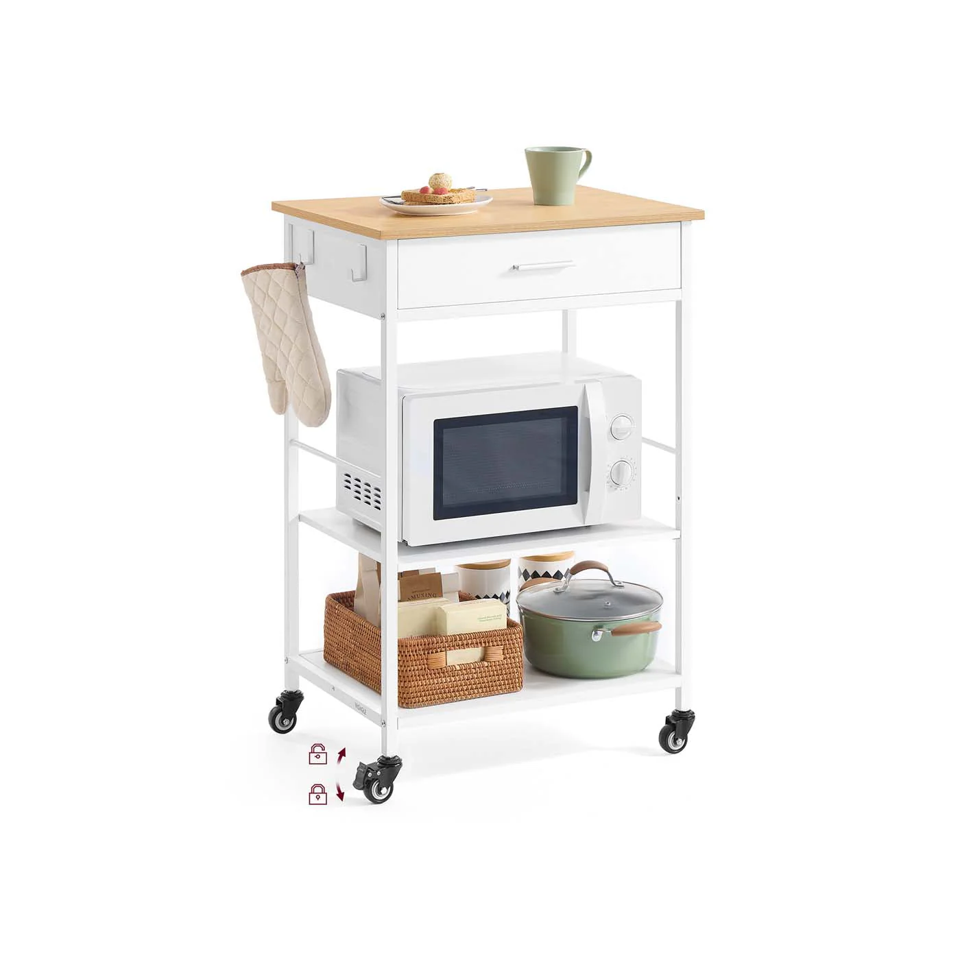 Mobiele Keukenwagen Met Lade En Planken – Verplaatsbaar En Vast Te Zetten – Ideaal Voor Kleine Ruimtes – Moderne Eiken-Witte Afwerking