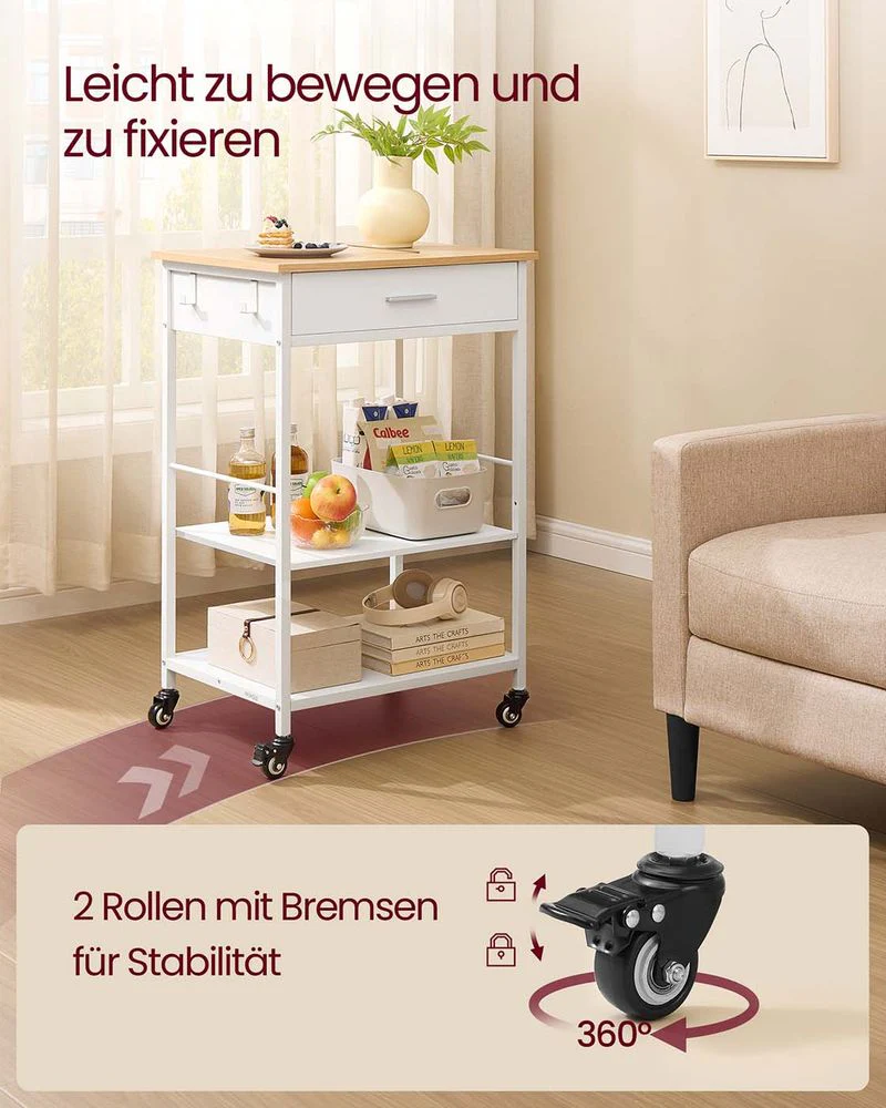 Mobiele Keukenwagen Met Lade En Planken – Verplaatsbaar En Vast Te Zetten – Ideaal Voor Kleine Ruimtes – Moderne Eiken-Witte Afwerking - Image 4
