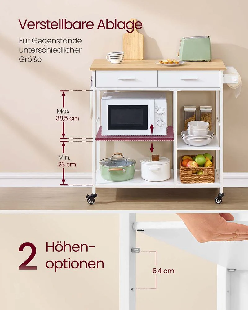 Mobiele Keukenwagen Met Lade En Planken – Verplaatsbaar En Vast Te Zetten – Ideaal Voor Kleine Ruimtes – Moderne Eiken-Witte Afwerking - Image 5