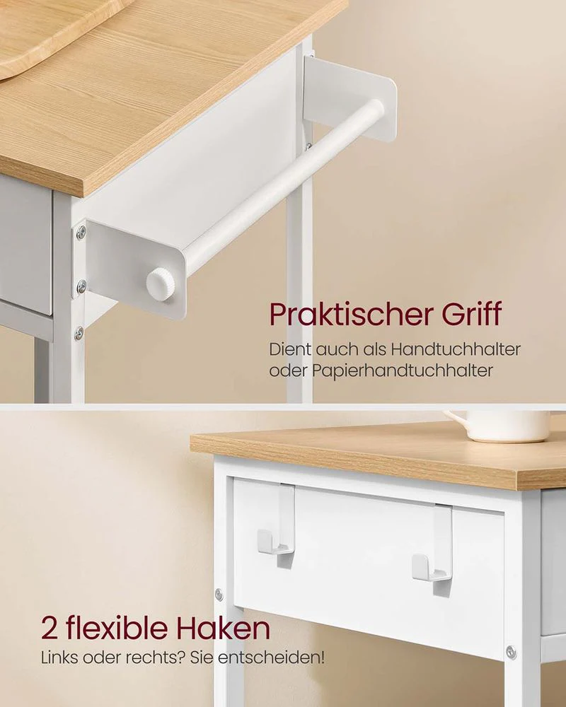 Mobiele Keukenwagen Met Lade En Planken – Verplaatsbaar En Vast Te Zetten – Ideaal Voor Kleine Ruimtes – Moderne Eiken-Witte Afwerking - Image 6