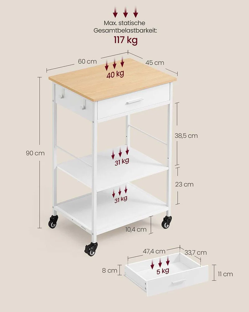 Mobiele Keukenwagen Met Lade En Planken – Verplaatsbaar En Vast Te Zetten – Ideaal Voor Kleine Ruimtes – Moderne Eiken-Witte Afwerking - Image 7