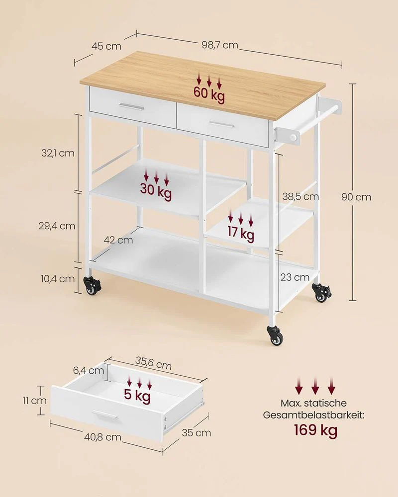 Mobiele Keukenwagen Met Lade En Planken – Verplaatsbaar En Vast Te Zetten – Ideaal Voor Kleine Ruimtes – Moderne Eiken-Witte Afwerking - Image 8