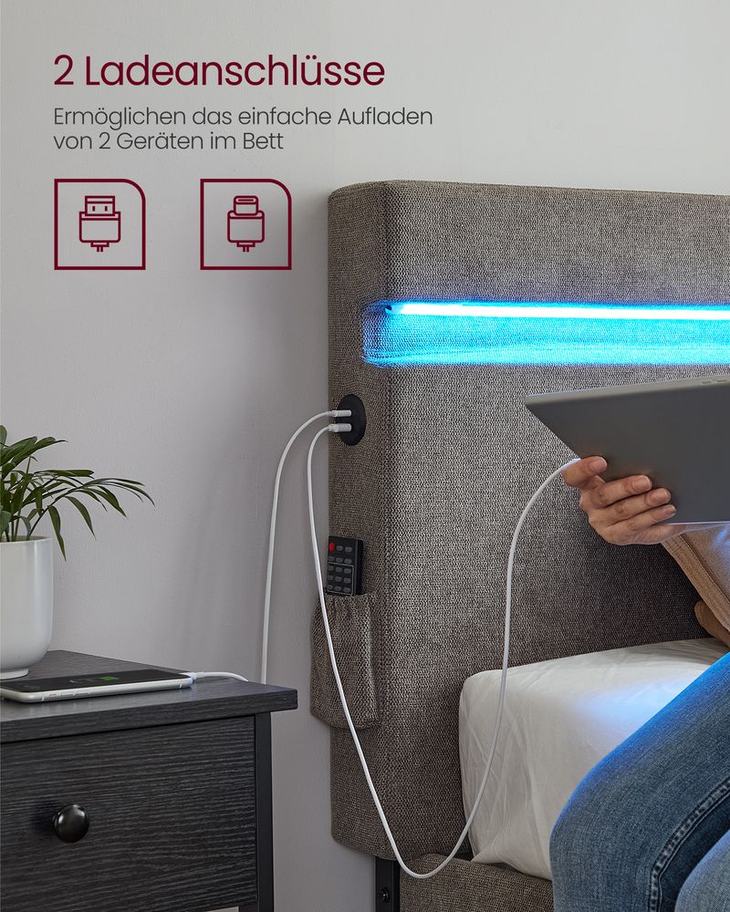 Modern bedframe met LED-verlichting - USB-oplaadmogelijkheden en opbergruimte - Image 4