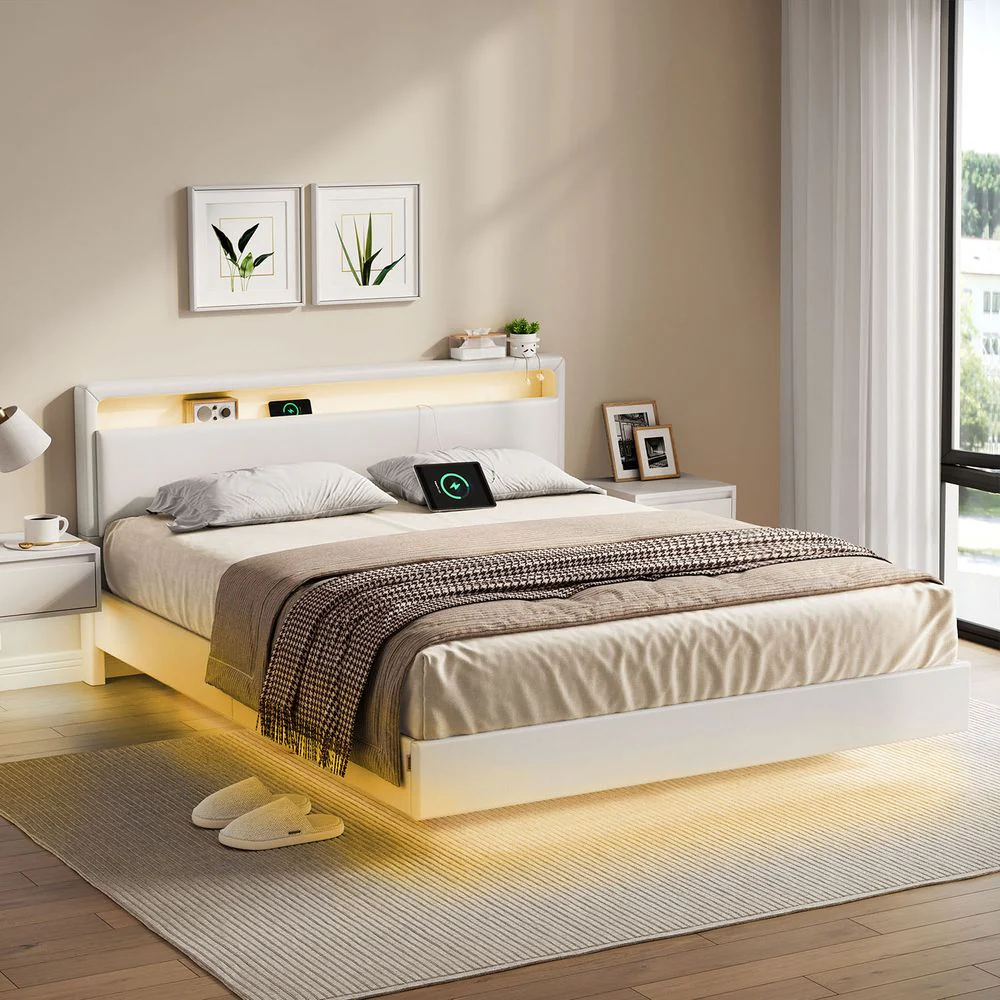 Modern bedframe met zweef-effect en LED-verlichting - Ingebouwde USB-aansluiting