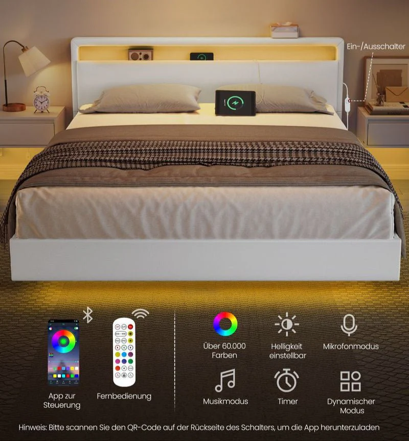 Modern bedframe met zweef-effect en LED-verlichting - Ingebouwde USB-aansluiting - Image 3