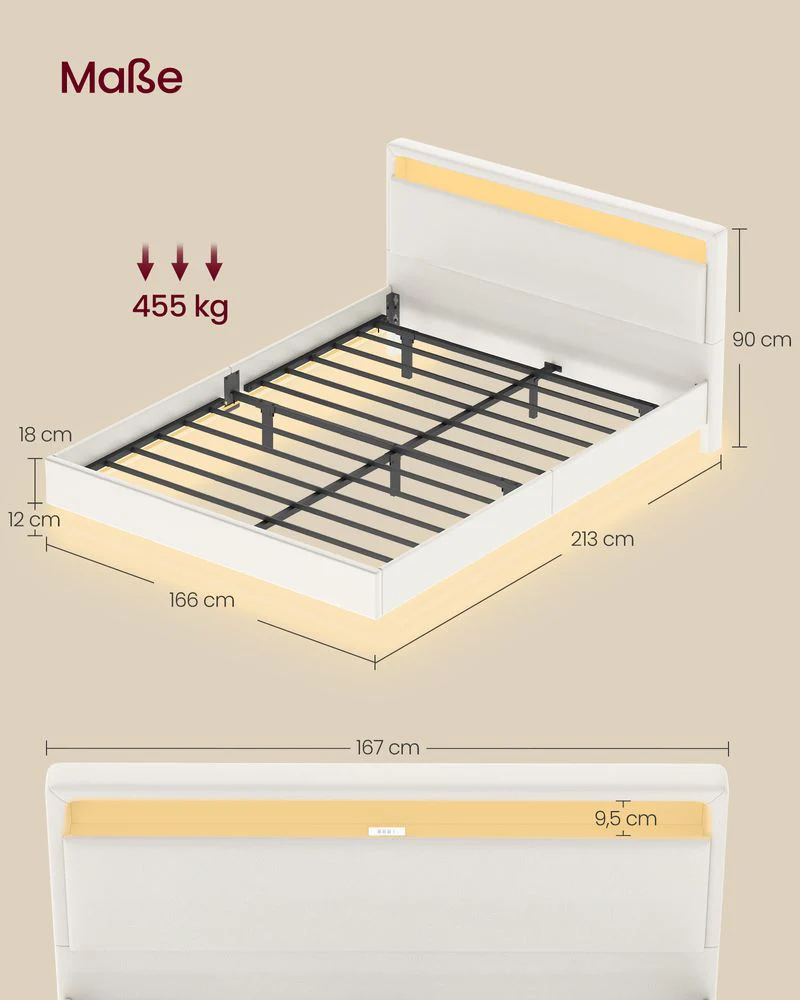 Modern bedframe met zweef-effect en LED-verlichting - Ingebouwde USB-aansluiting - Image 7