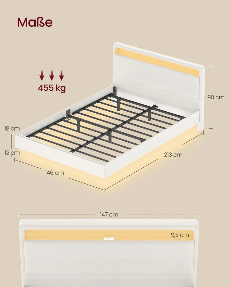 Modern bedframe met zweef-effect en LED-verlichting - Ingebouwde USB-aansluiting - Image 8