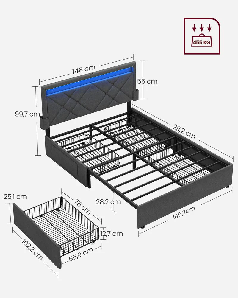Multifunctioneel bedframe met LED-verlichting en opbergruimte - USB-aansluiting - Image 6