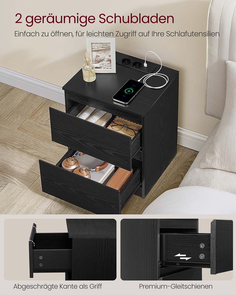Nachtkastje met Stopcontact en USB - 2 Lades - Oplaadstation - Image 7