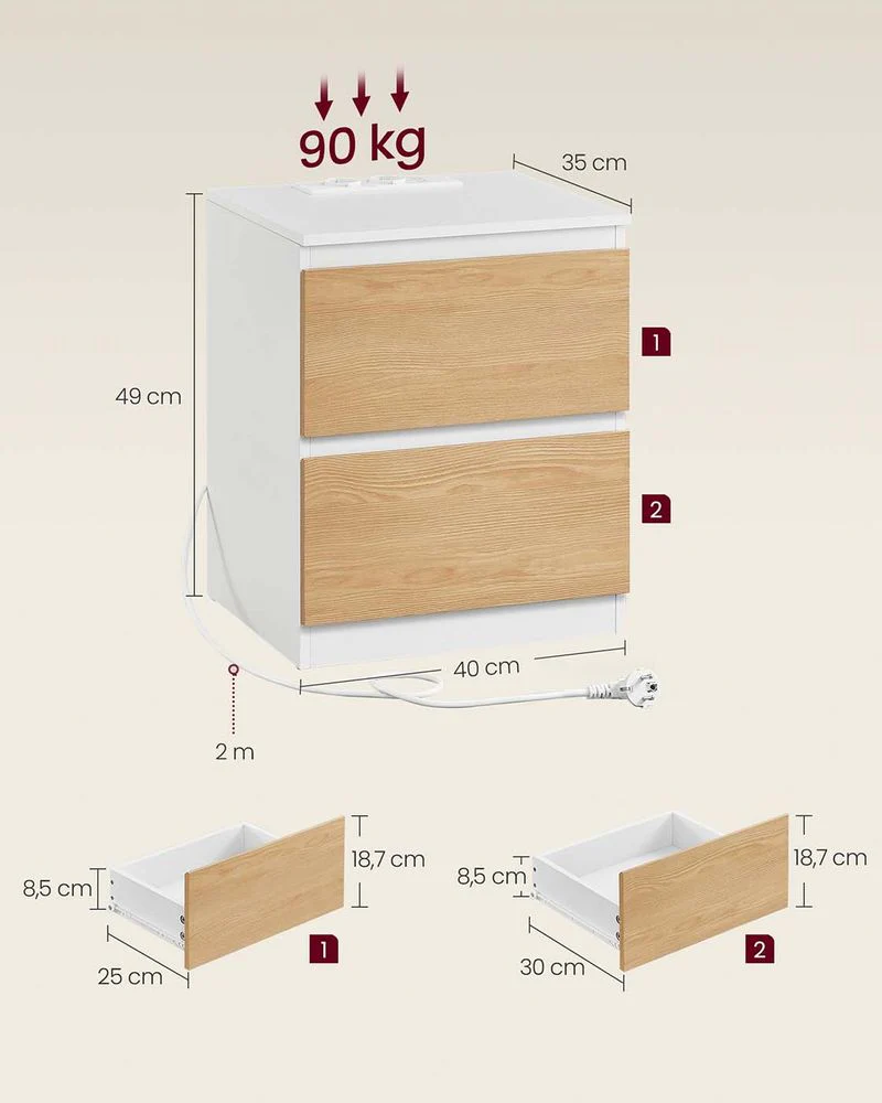 Nachtkastje met Stopcontact en USB - 2 Lades - Oplaadstation - Image 9