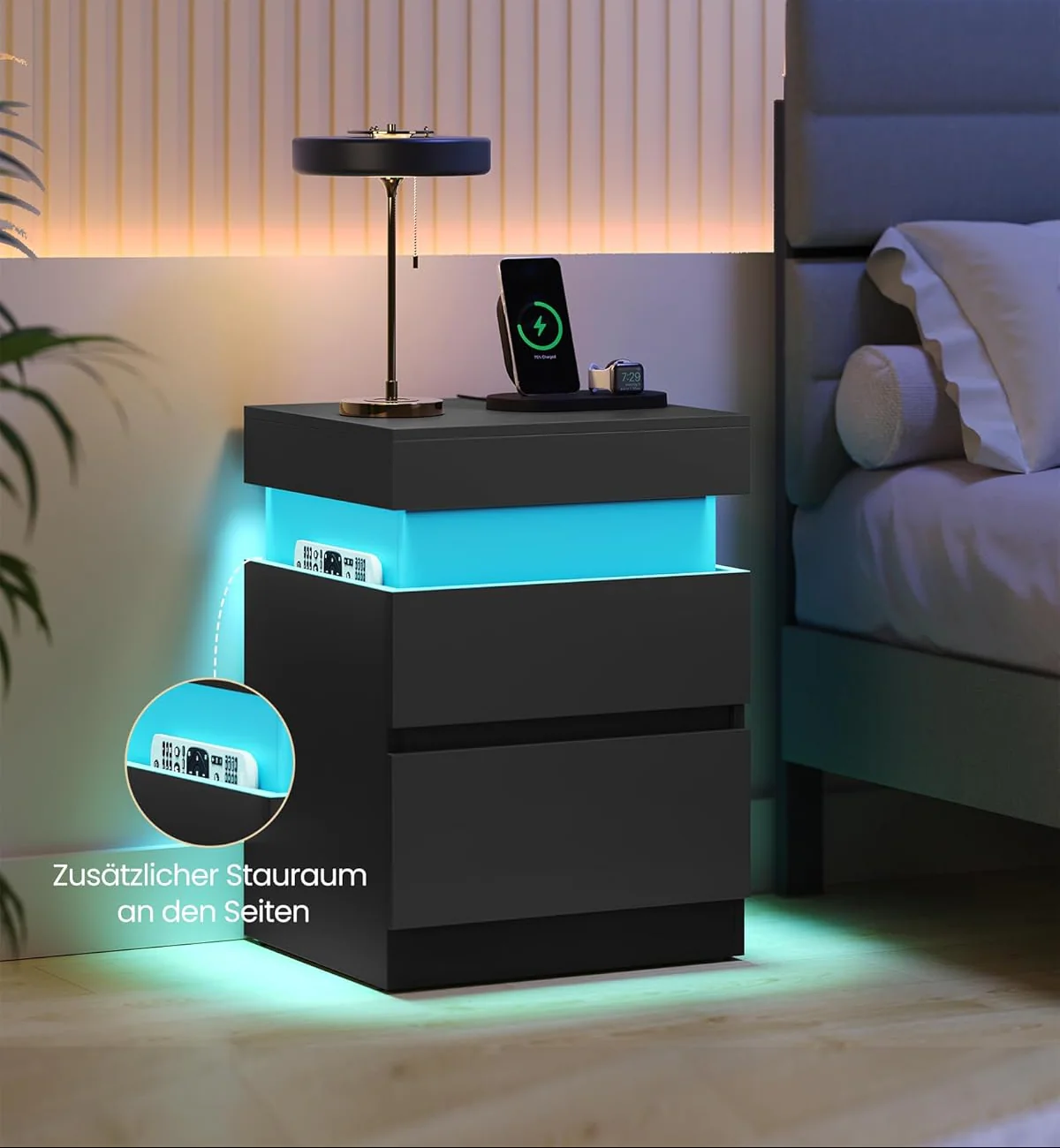 Nachtkastje – Set Van 2 – Met LED-Verlichting, Stopcontacten En USB-A/USB-C – Schuifblad En 2 Lades – Modern Design – 35 x 40 x 55 cm - Image 4