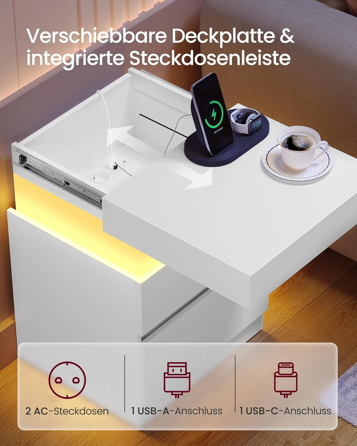Nachtkastje – Set Van 2 – Met LED-Verlichting, Stopcontacten En USB-A/USB-C – Schuifblad En 2 Lades – Modern Design – 35 x 40 x 55 cm - Image 5