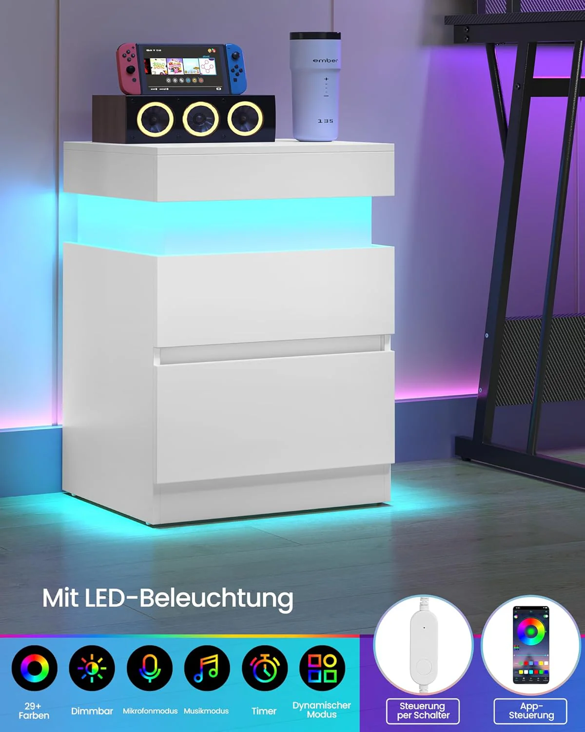 Nachtkastje – Set Van 2 – Met LED-Verlichting, Stopcontacten En USB-A/USB-C – Schuifblad En 2 Lades – Modern Design – 35 x 40 x 55 cm - Image 6