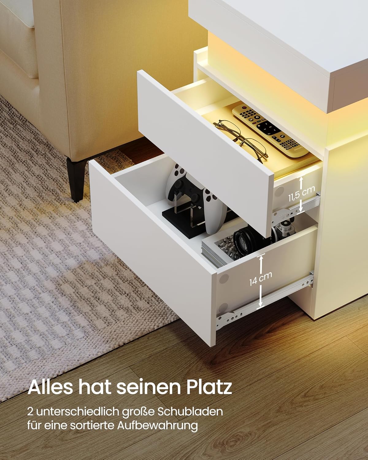 Nachtkastje – Set Van 2 – Met LED-Verlichting, Stopcontacten En USB-A/USB-C – Schuifblad En 2 Lades – Modern Design – 35 x 40 x 55 cm - Image 7