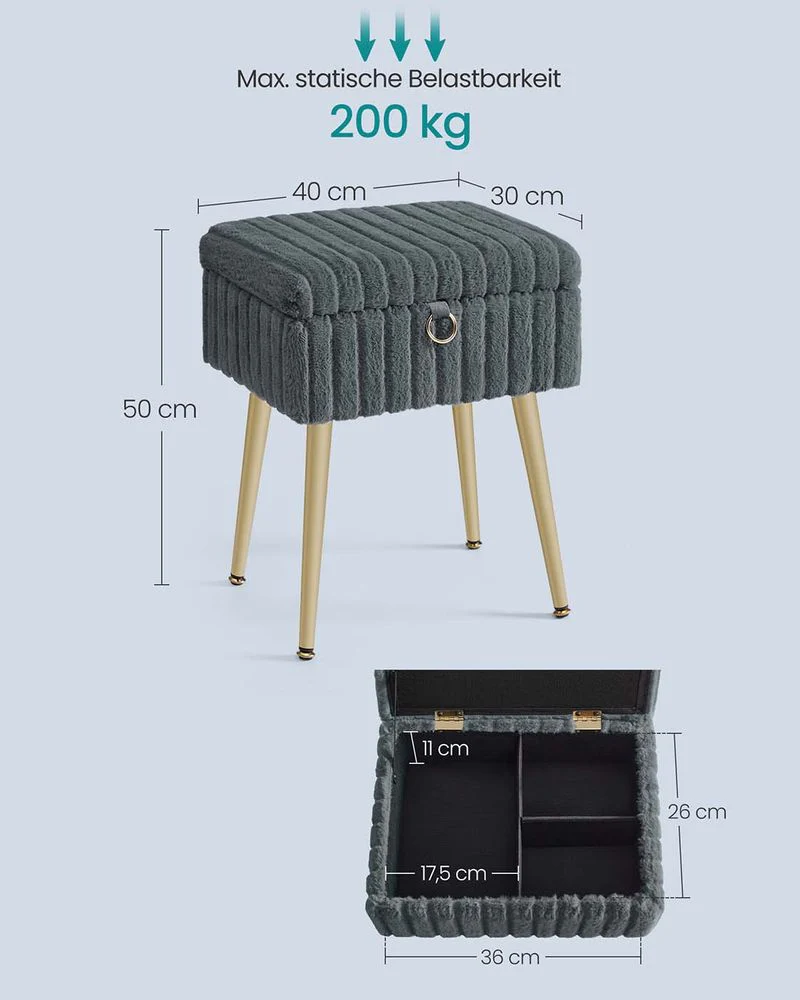 Opberghocker – Met Zacht Fluweel – Uitneembare Vakverdeling – Draagkracht 200 kg – Ideaal Voor Kaptafel of Slaapkamer - Image 10