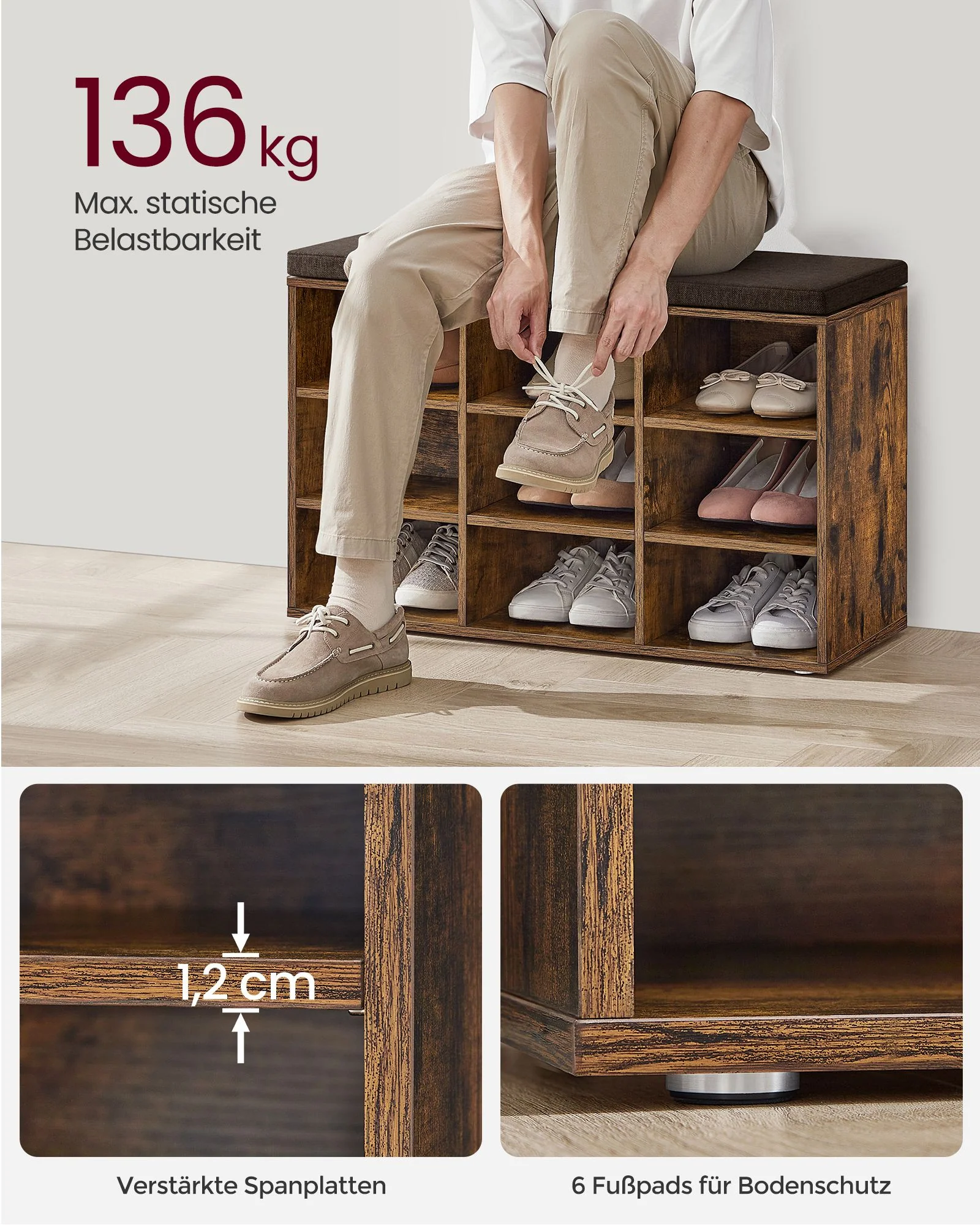 Opbergkisten – Schoenenbank met Opbergruimte – 9 Vakken – Verstelbare Planken – 30,3 x 78,5 x 48 cm – Spaanplaat – Schuim – Linnenlook Bekleding – Max. Belastbaarheid 136 kg - Image 3